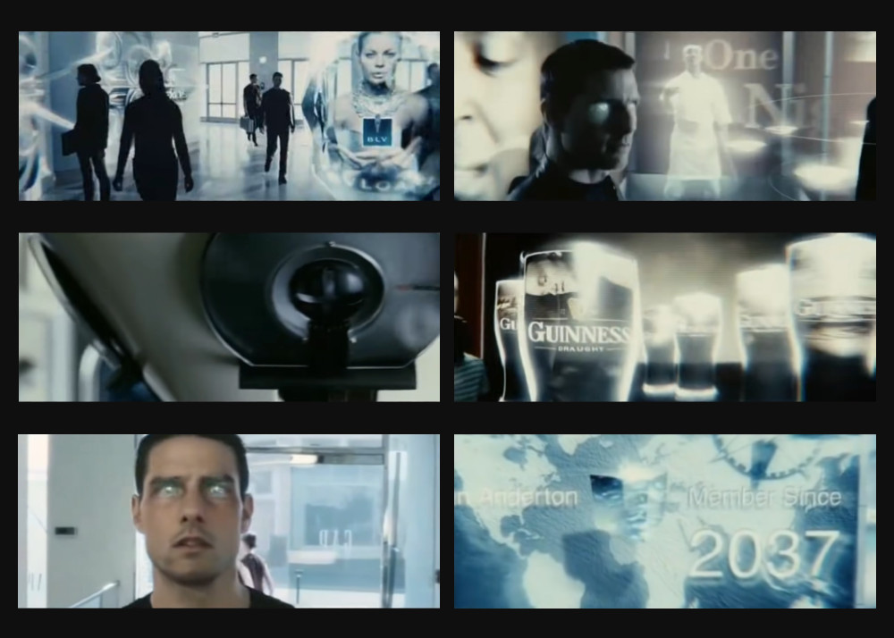 Filmen 'Minority report': Hovedpersonen går igennem et område med reklamestandere. Hans øjne scannes og lyser op, som om han er en robot<br>
									af kameraer
